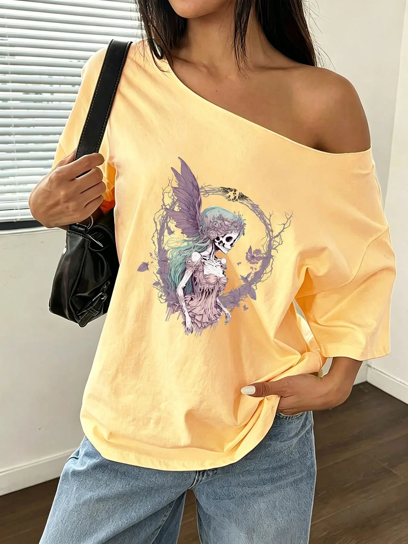 100% Cotton Plus Size Fairy Skeleton Floral Shoulder Loose Print T-Shirt Oversized Y2K Style Graphic Tees Women Tops Summer O