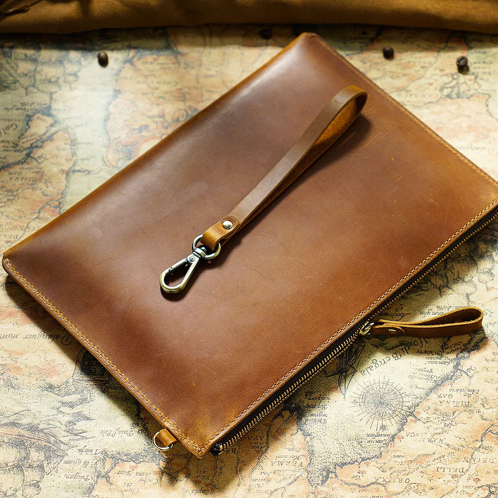 Handmade Vintage Men's Top-Grain Leather Briefcase - Medium Waxed Leather Zippered Document Organizer Clutch Bag