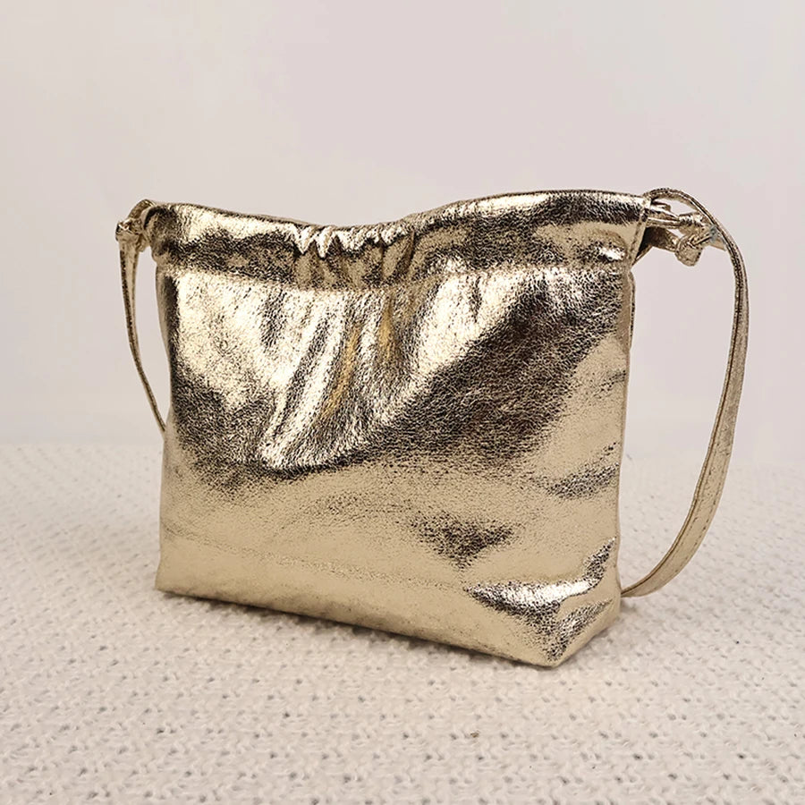 Golden Drawstring Lightweight Portable Evening Bag Sunday Party Shopping Versatile Handbag to Store Mobile Phone Shoulder Bag