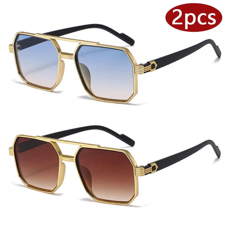 Hiking 2pcs Trendy Metal Polygonal Pilot Anti Light Glasses Luxury Double Beam Men Eyewear Outdoor Driving Shade Sunglasses