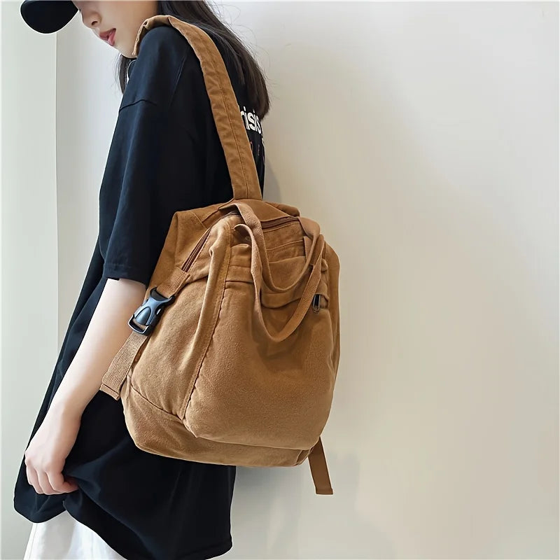 Solid Color Retro Backpack for Women, Japanese Style Simple Large Capacity Backpacks for Middle and High School Students