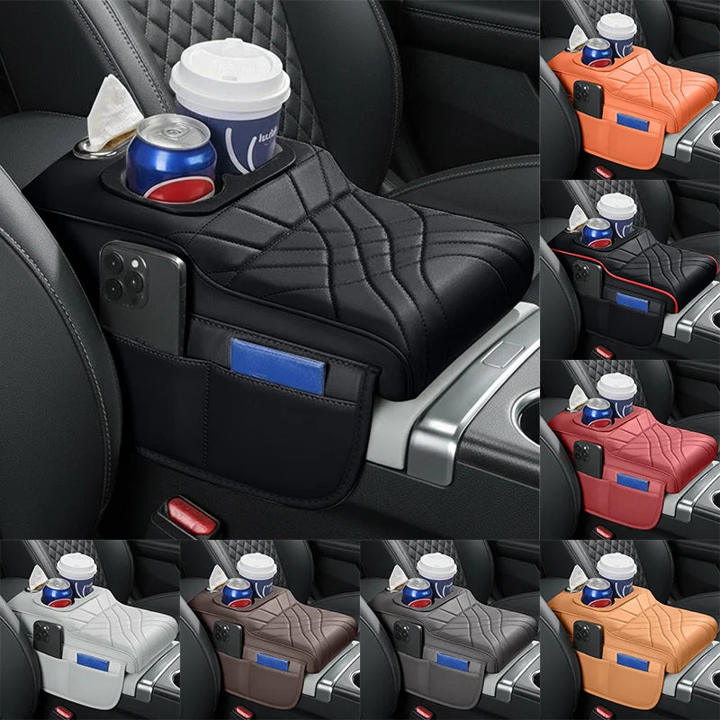 High-Low Style Car Armrest Box Cushion-An Armrest Cover with 2Side Pockets,2Cup Holders and 1 Tissue Box.Suitable for Most Cars