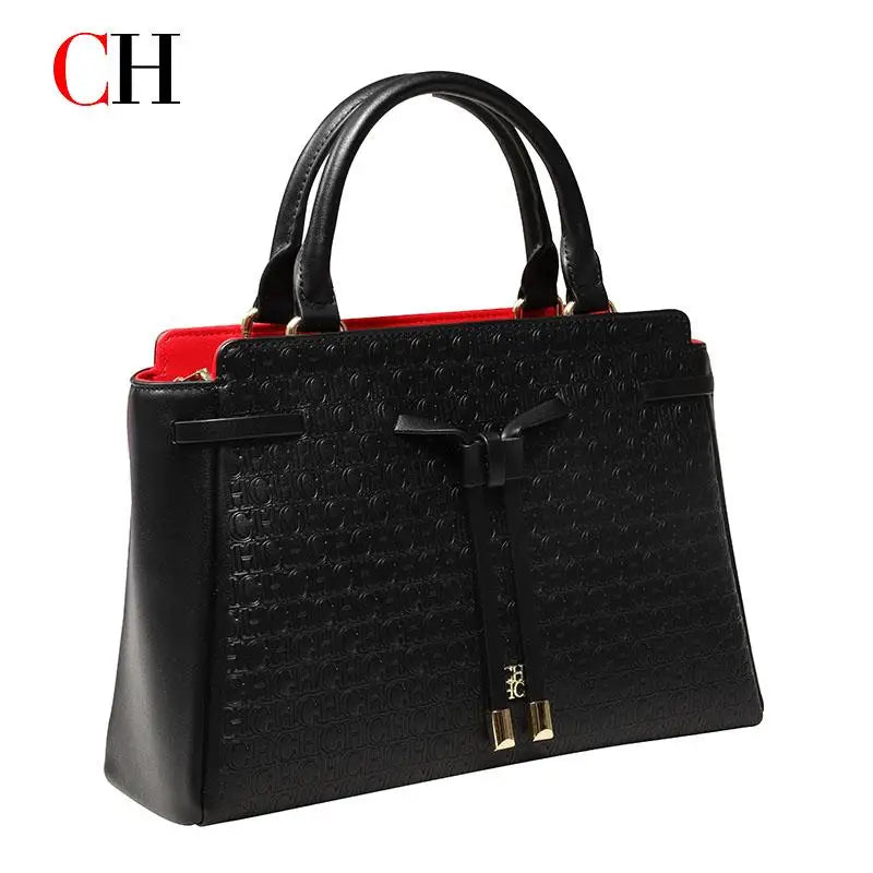 CH Women's Embossed Top Handle Handbag Elegant Bow Detail Shoulder Crossbody Bag Large Capacity Commuter Office Tote Purse