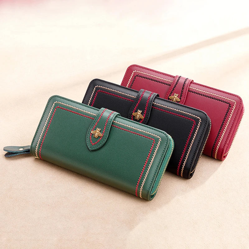 Genuine Leather Wallets Women Clutch Female Purses Long Money Bag Zipper Coin Bee Luxury Brand Wristlet Phone Hasp Card Holder
