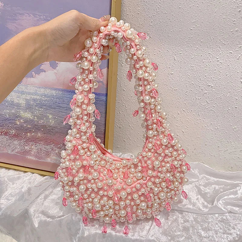 Capacity Simple Pearl Underarm Bag Solid Color Elegant Evening Bag Shopping Work Handbag