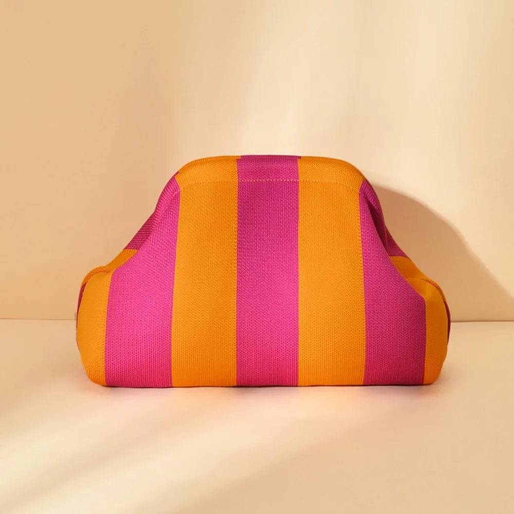 Knitted striped handbag dinner work beach large capacity daily versatile color contrast commuter clip bag women