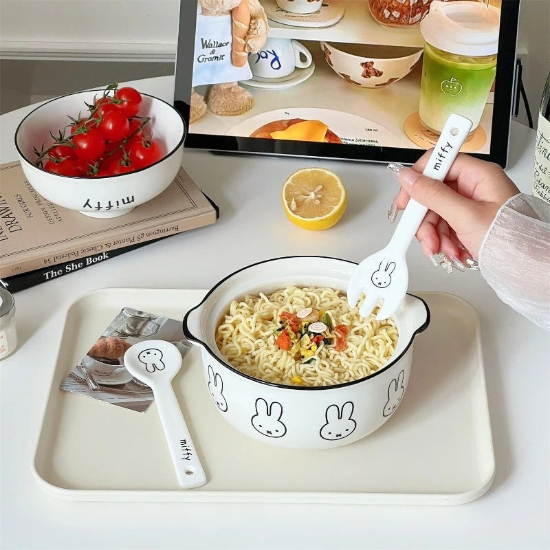 Kawaii Tableware Ceramic Rice Bowl with Lid Easy To Clean Household Use Instant Noodle Bowl Microwaveable Spoon Heating Miffy