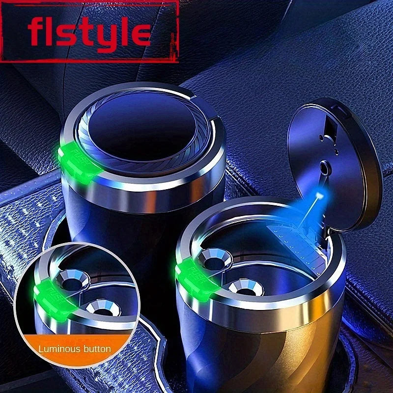 1 car ashtray set, interior use, one click lid opening, large capacity, equipped with LED lights and metal lining.