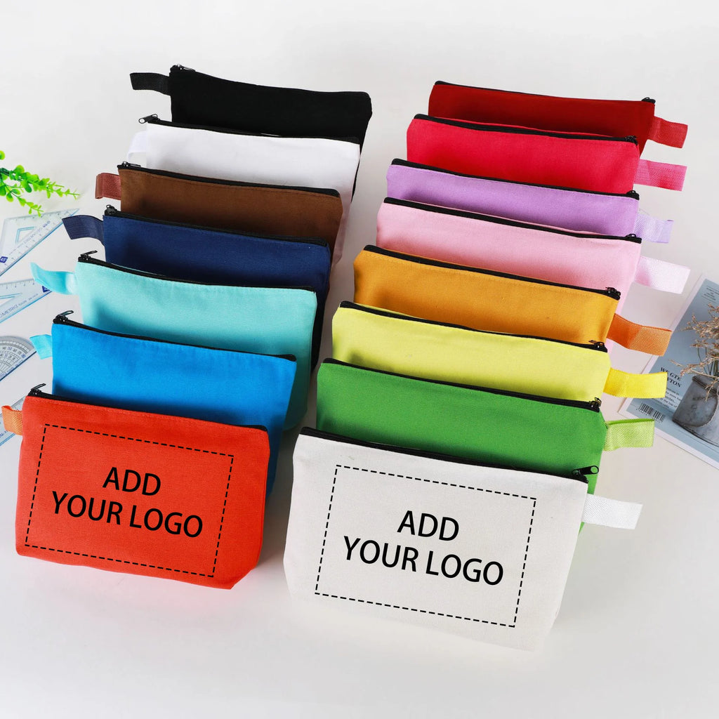 20/30/50/100bags/lot Customized Logo Colored Canvas Makeup Bag, Women's Handbag, Student Pencil Case 25x13x4.5cm