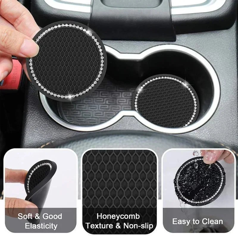 Car Coasters, Universal 2 Pcs Car Coasters for Women Bling Car Accessories, Silicone Anti Slip Crystal Car Cup Holde
