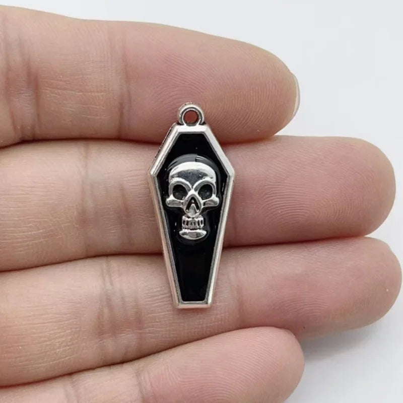 10Pcs Gothic Black Enamel Alloy Charms Mixed Vintage Heart Cross Skull Coffin Metal Pendants For DIY Earrings Bracelet Keychain