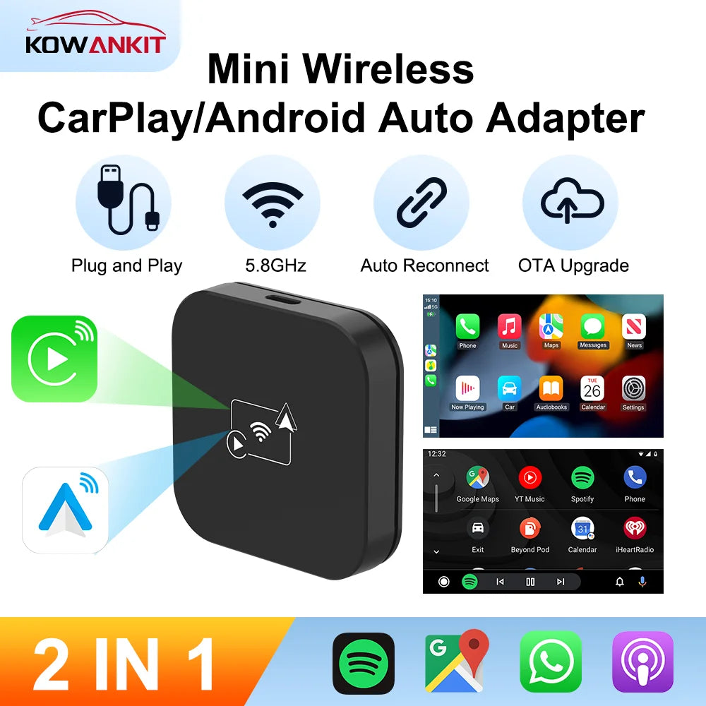 2 in 1 Wireless CarPlay Apple Adapter Android Auto Mini Universal Car USB Dongle Plug & Play New Smart AI Box KowanKit 2025