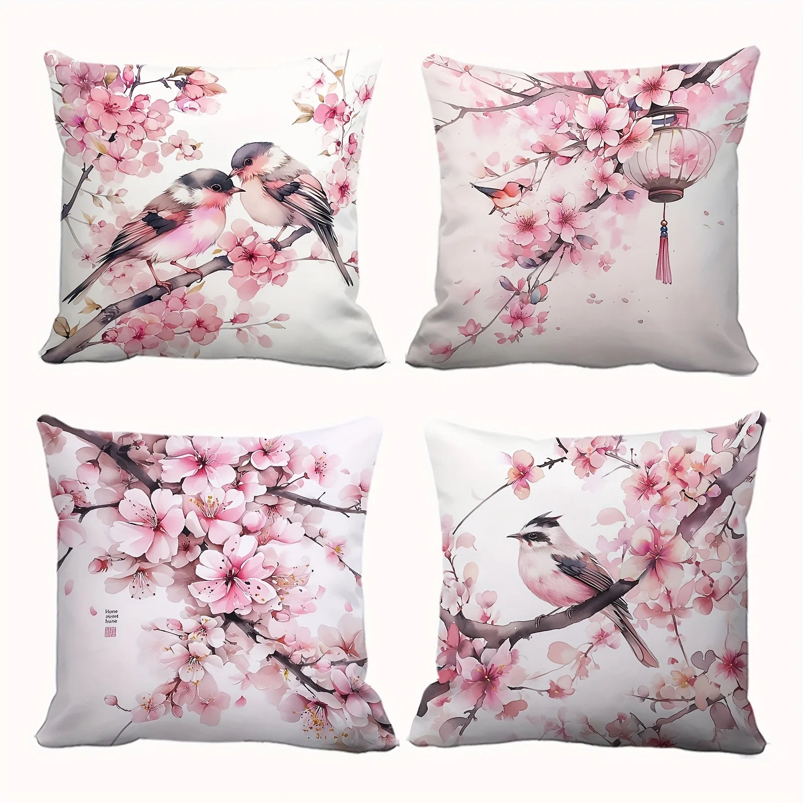 4-Piece Pillowcase Set, Square Cushion Covers with a Pink Cherry Blossom and Lantern Pattern on a White S Insert Not Included