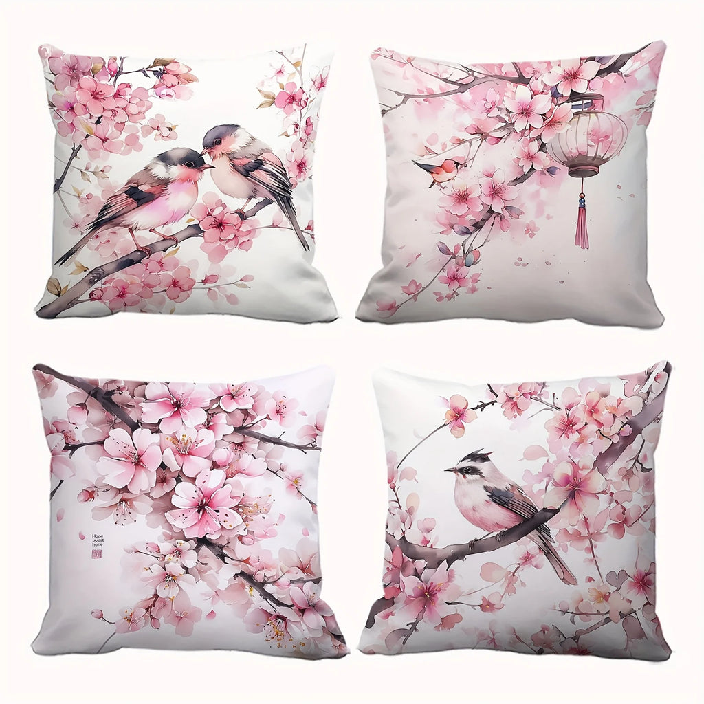 4-Piece Pillowcase Set, Square Cushion Covers with a Pink Cherry Blossom and Lantern Pattern on a White S Insert Not Included