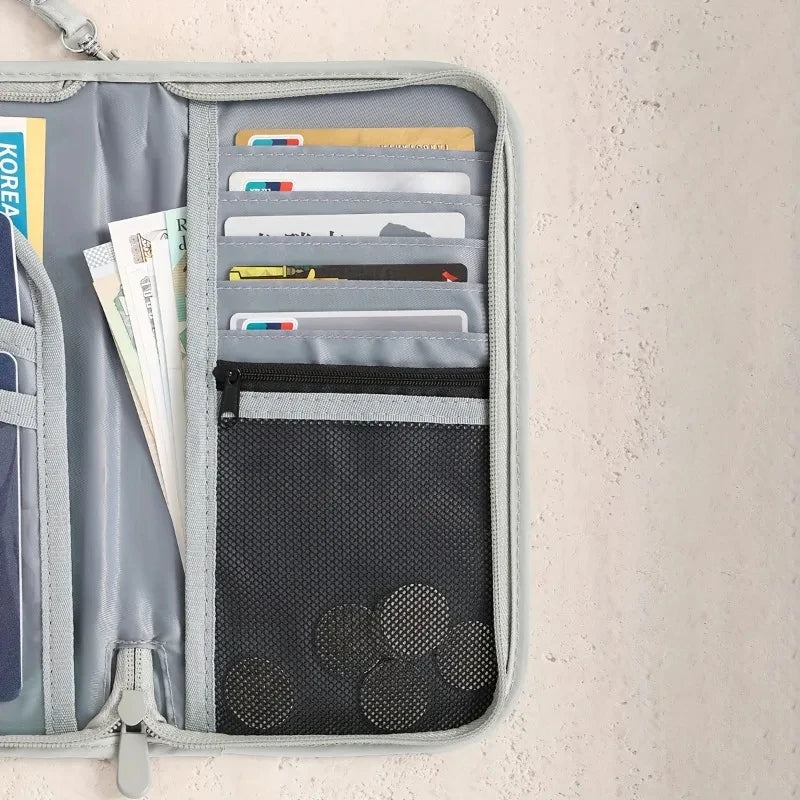 RFID Blocking Passport Holder Travel Document Organizer with Wrist Strap Multifunctional Zippered Wallet for Airline Tickets Car