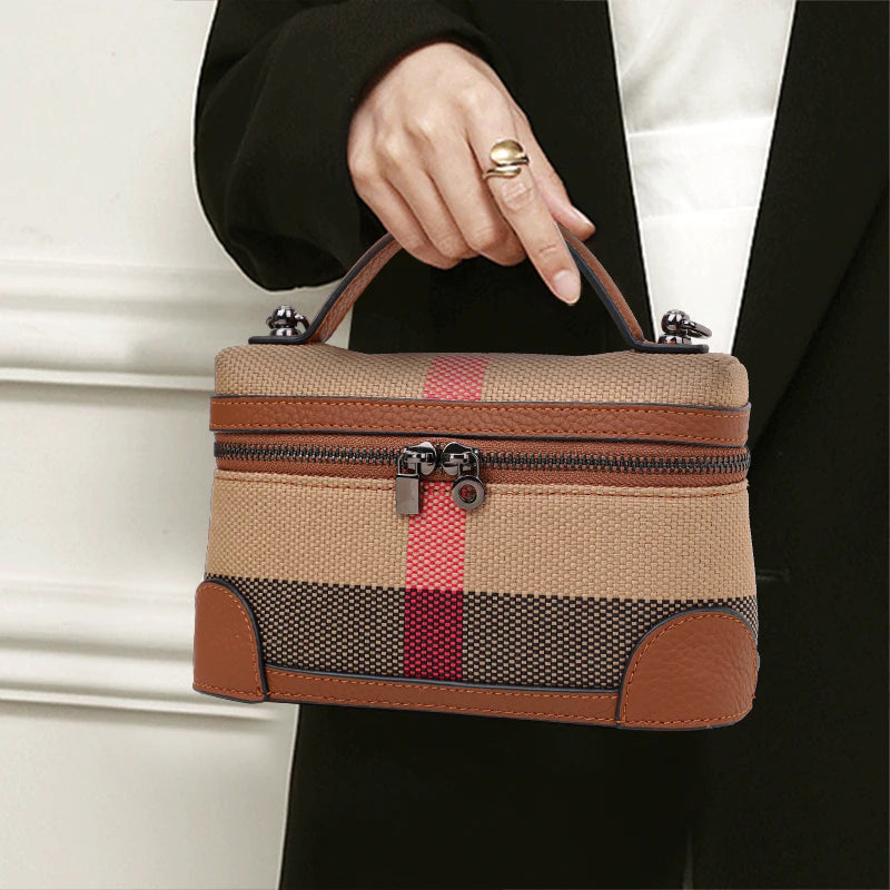 Aidrani  New women's shoulder crossbody mini bag, plaid small square bag, made of canvas and cowhide material