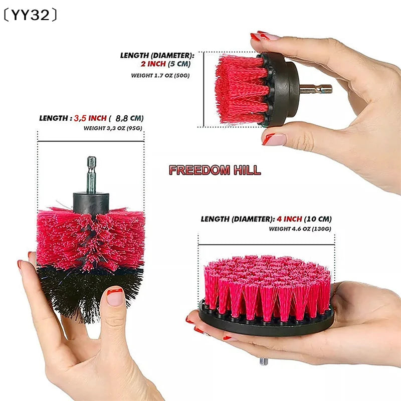 3Pcs Electric Scrubber Brush Drill Brush Kit Red Plastic Round Cleaning Tools For Carpet Glass Car Tires Nylon Brushes〔YY32〕