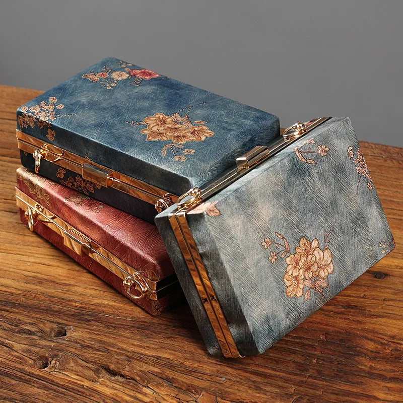 Fashion Women Embroidery Evening Bags Silk Clutch Purse for Bride Chain Shoulder Laides Case Top Handle Wedding Party Handbag