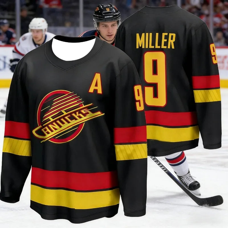 Men's Vancouver Canucks Ice Hockey Jersey Black Red Yellow Breathable Hockey Shirt Streetwear Long Sleeve Sports Hockey Uniform