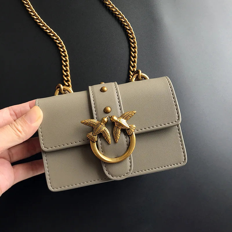 New Arrivalpinko Same Style Genuine Leather Super Mini Chain Small Square Lipstick Key Bag Swallow Bag Women's Handbag