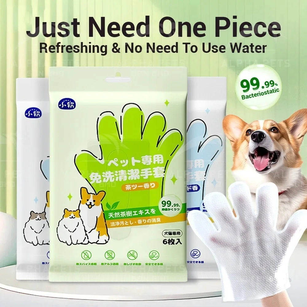 Pet Grooming Gloves Disposable Tissue Bath, 6pcs Per Pack Gentle Formula, For Cats Dogs Puppies, Pet Cleaning Supplies