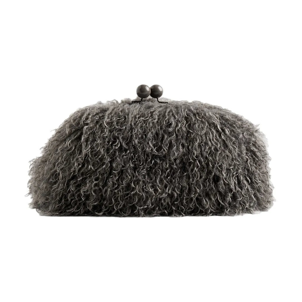 Women kisslock Faux Fur furry Clutch bag winter warm pouch frame clasp bag with chain crossbody dark grey red yellow