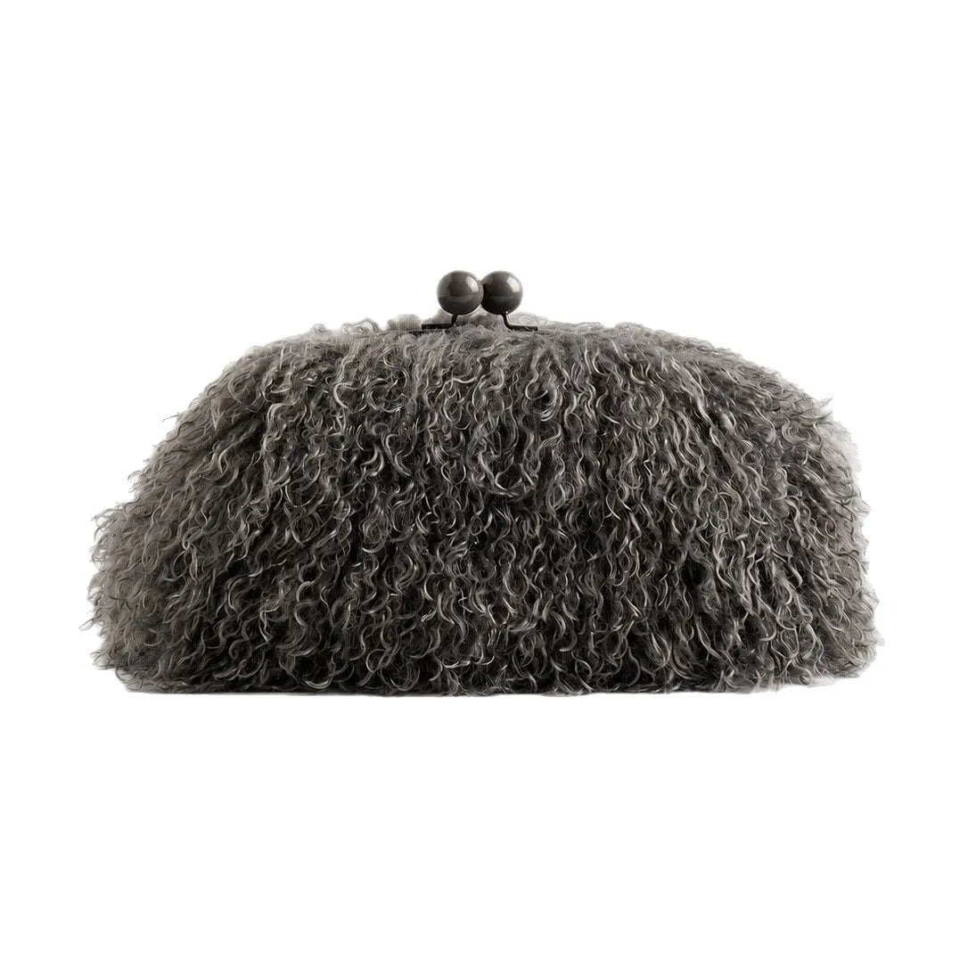 Women kisslock Faux Fur furry Clutch bag winter warm pouch frame clasp bag with chain crossbody dark grey red yellow