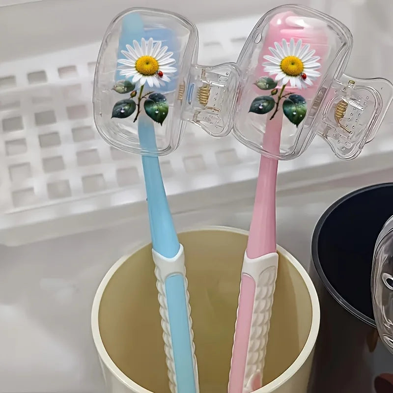 2pcs Travel Toothbrush Case Set, Portable & Dust-Proof, Daisy Design, Plastic with Cover, for Business Trips, Compact, Must-Have