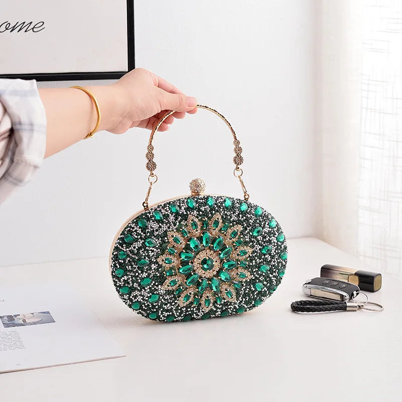 Alirattan 2026 New Flower Rhinestones Evening Bags Metal Prom Clutch Diamonds Clutch Chain Shoulder Handbags