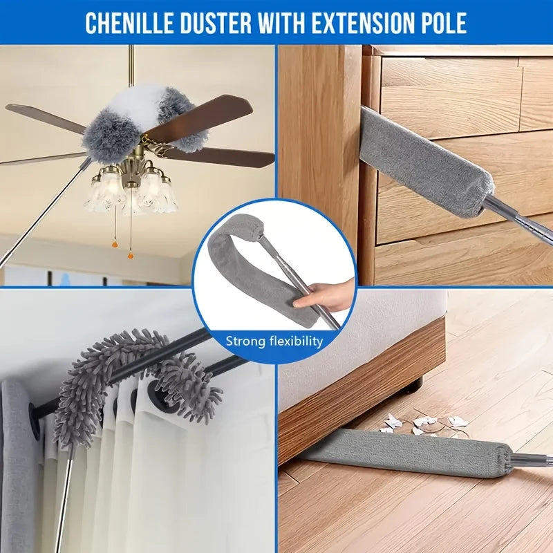 4Pcs Dusting Brush Extendable Feather Duster Telescopic Dust Brush Household Electrostatic Dusting Brush for High Ceilings, Fans, Cobwebs, Reusable Lightweight Cleaning for Curtains and Ceiling Fans