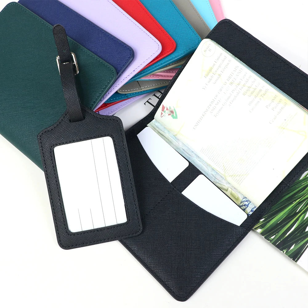 Customized name cross-pattern leather passport bag for travel, passport ticket folder, PU passport bag, luggage tag gift box set
