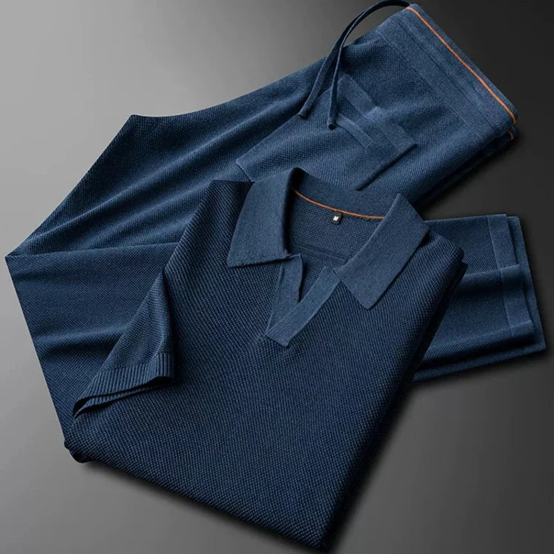 Minglu Lyocell Linen Summer Knitted Men's Sets Luxury Short Sleeve V Collar Male Polo Shirts Sport Casual Man Sweatsuits