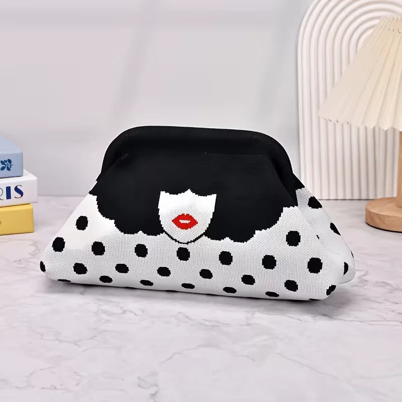 Trendy color-blocking fun lip print knitted pattern design ladies' evening banquet lightweight luxury commuting clutch