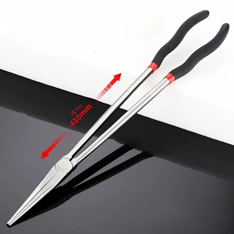 Damaly,16 Inch Long Nose Pliers - 25/45 Degree Curved Steel Needle Nose Pliers with Red Accents, Ergonomic Black Handles