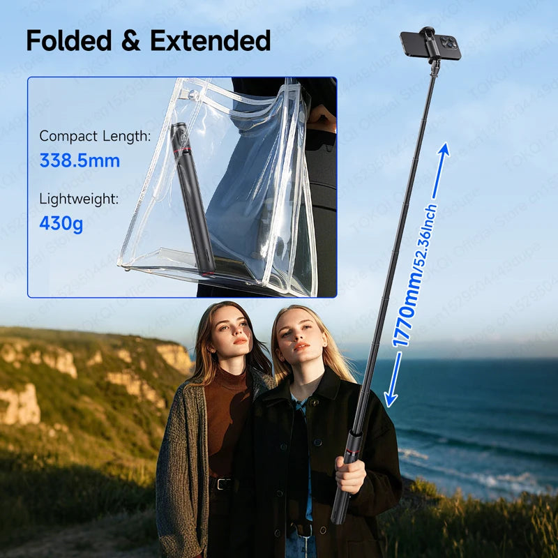 TOKQI TT01 Auto Pop Up Selfie Stick Tripod  Hidden Phone Clip Expandable 52.36" for Mobile Phone with Bluetooth Magnetic Remote