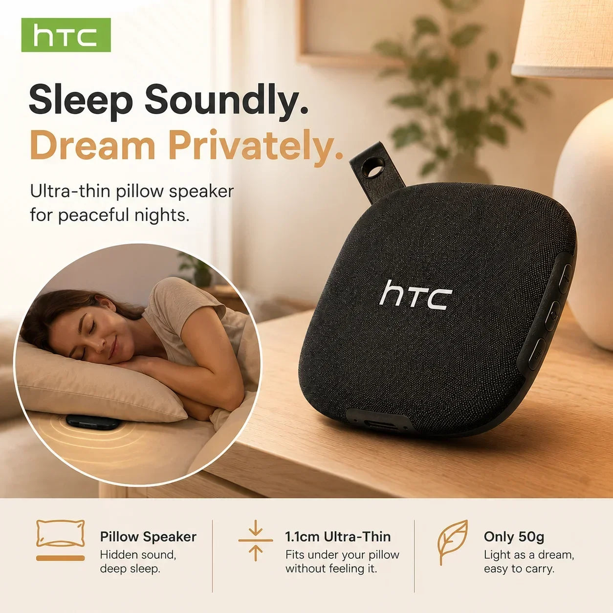 HTC WS01 Pillow Speaker for Sleeping: Ultra-Thin Bluetooth Speaker, Under Pillow Speaker, Sleeping Speaker Ultra-Light Portable