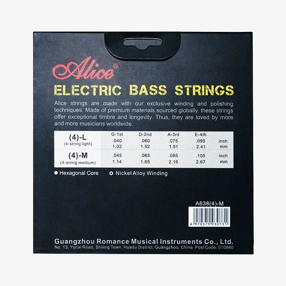 Alice A638 Electric Bass Strings For 4-Strings Bass Professional Light Medium Hexagonal Core Nickel Plated Alloy Winding