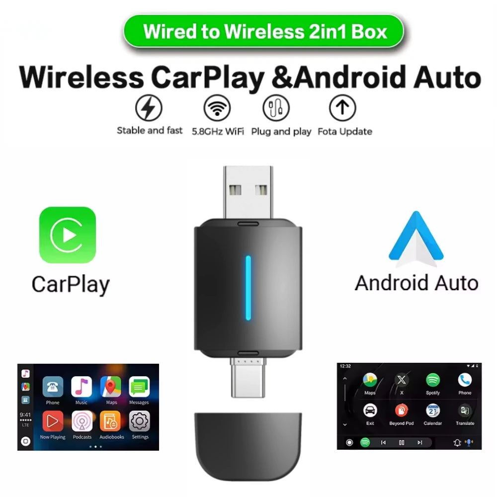 ANYFAR Dual Interface Wireless CarPlay Android Auto Wireless USB TYPE-C Adapter Smart Mini Box Plug Fast Connect Universal