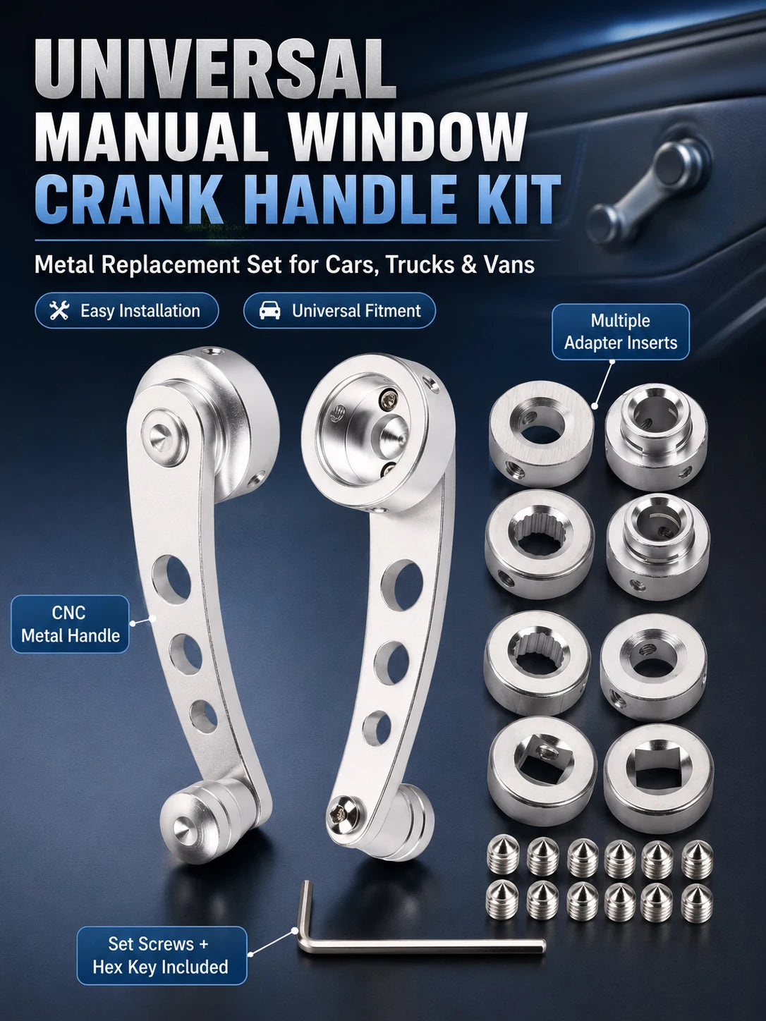 Universal CNC Metal Manual Window Crank Handle Kit Multi Adapter Inserts Window Winder Replacement Set for Cars Trucks Vans with
