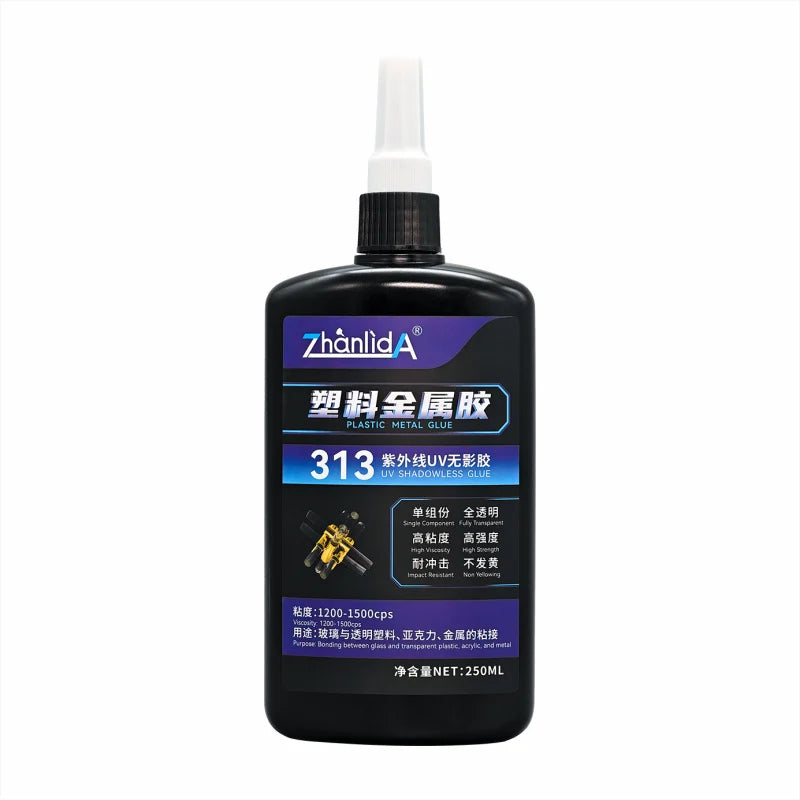 UV Shadowless Glue For Plastic Metal Crystal Clear Traceless 313 Super Glue Adhesive Bonded Acrylic Decorate Trophie Fast Curing