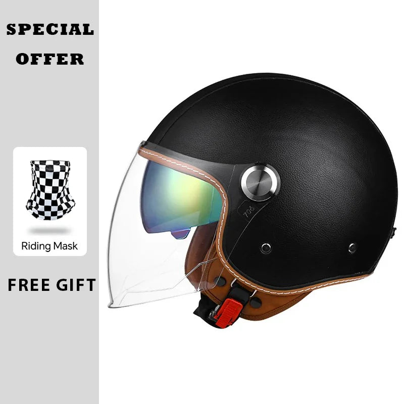 Open Face Helmet Vintage Leather Motorcycle Helmets Double Visor DOT Approved Retro 3/4 Jet Half Helmet with Inner Lens