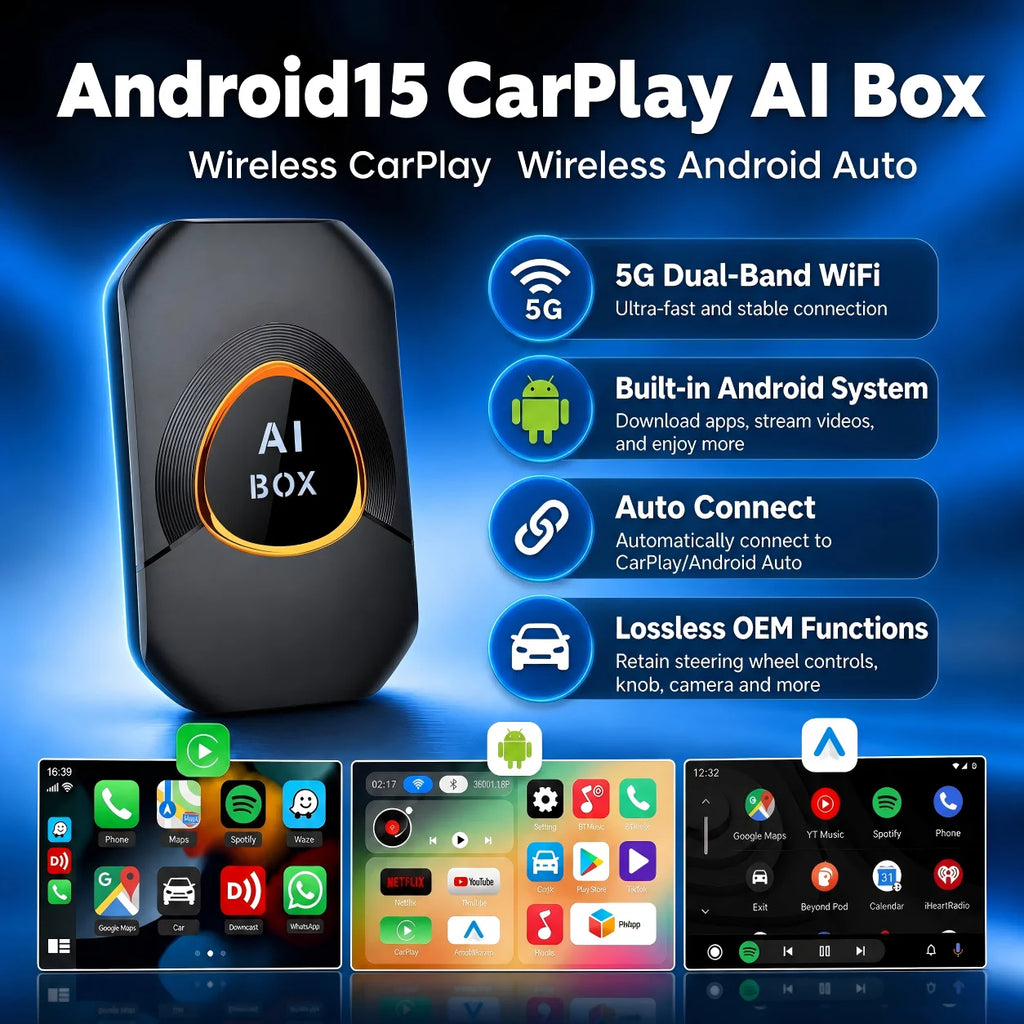2026 New CarPlay AI Box Android 15 Wireless CarPlay & Android Auto Adapter Support YouTube Netflix IPTV Spotify Plug and Play