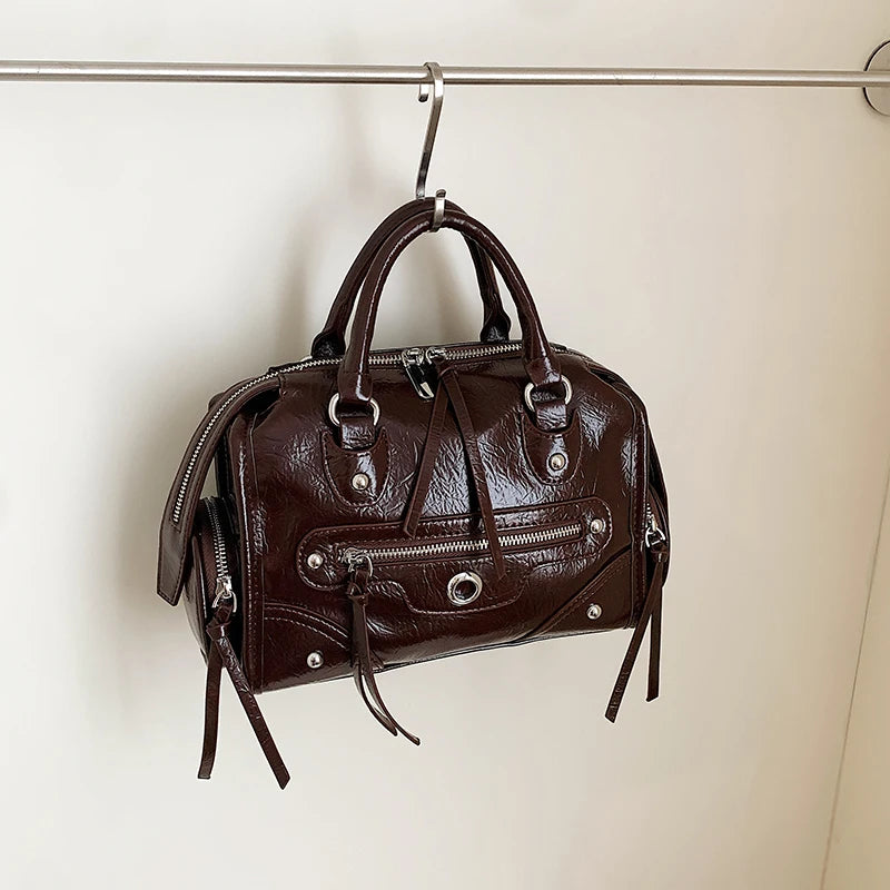 Luxury Metallic Silver Gold Patent Leather Motorcycle Bag Cool Rivet Tassel Mini Boston Handbag Trendy Crossbody Purse