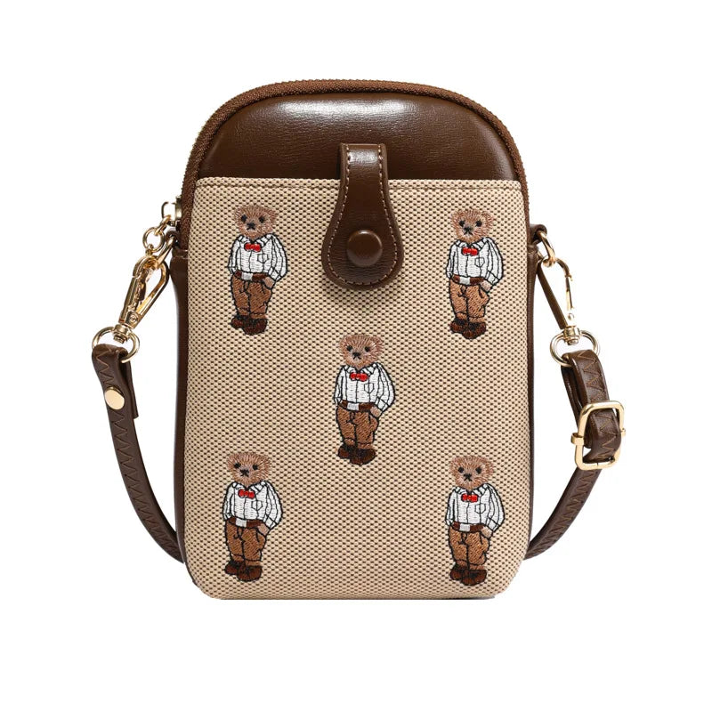 Canvas Embroidered Bear Mobile Phone Bag for Women Large Capacity Crossbody Bag with Compartments