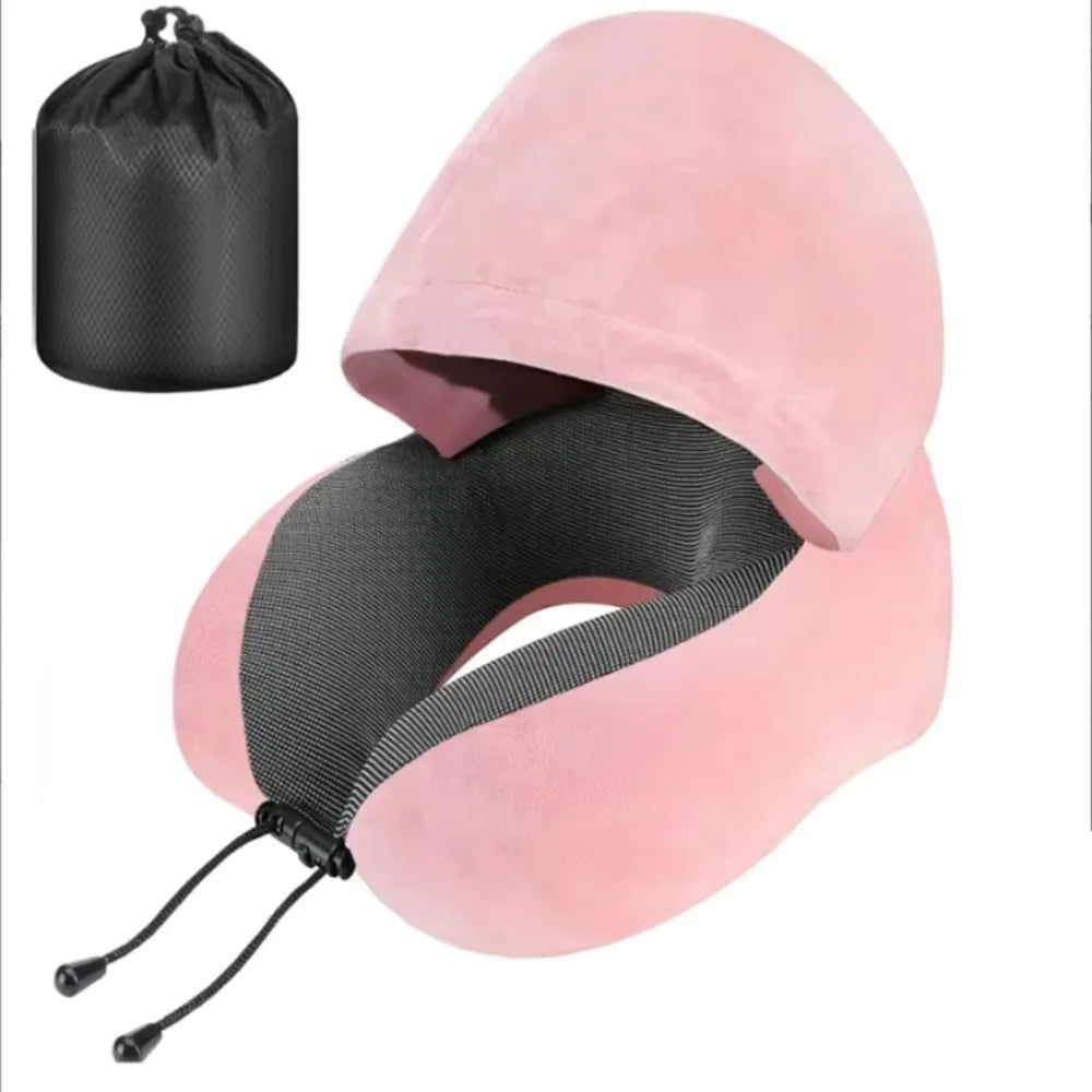 Removable Travel Neck Pillow Adjustable with Storage Bag Hooded Pillow Comfortable Soft Support U-shaped Pillow with Cap