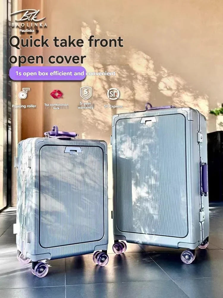Front opening luggage with aluminum frame, ice skating wheel, leather suitcase, pull rod suitcase, women's suitcase, small suitc