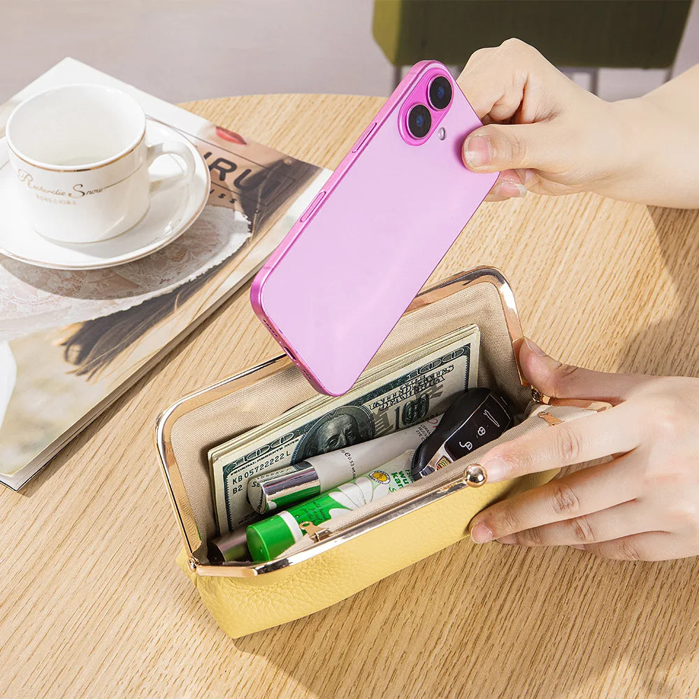 Women's Kiss Lock Clutch Bag, Top Grain Genuine Leather Wallet Large Capacity Travel Clutches with Detachable Chain Strap