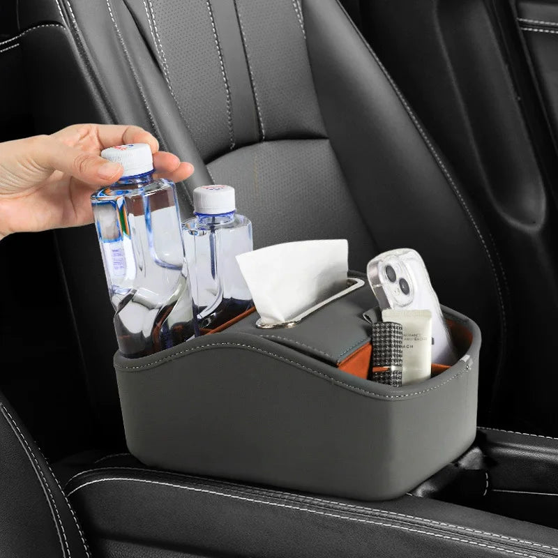 Center Console PU LeatherCup Holder,Car Front Seat Organizer with Compartment Universal Car Armrest Storage Box with Tissue Slot