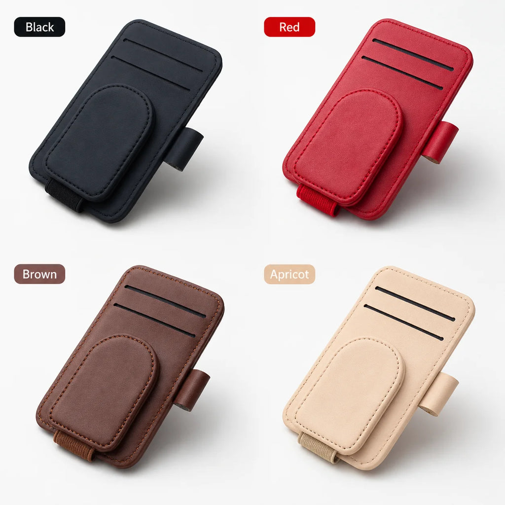 Car Sun Visor Sunglasses Holder Magnetic PU Leather Eyeglass Clip Universal Auto Card Storage Glasses Organizer for Vehicle