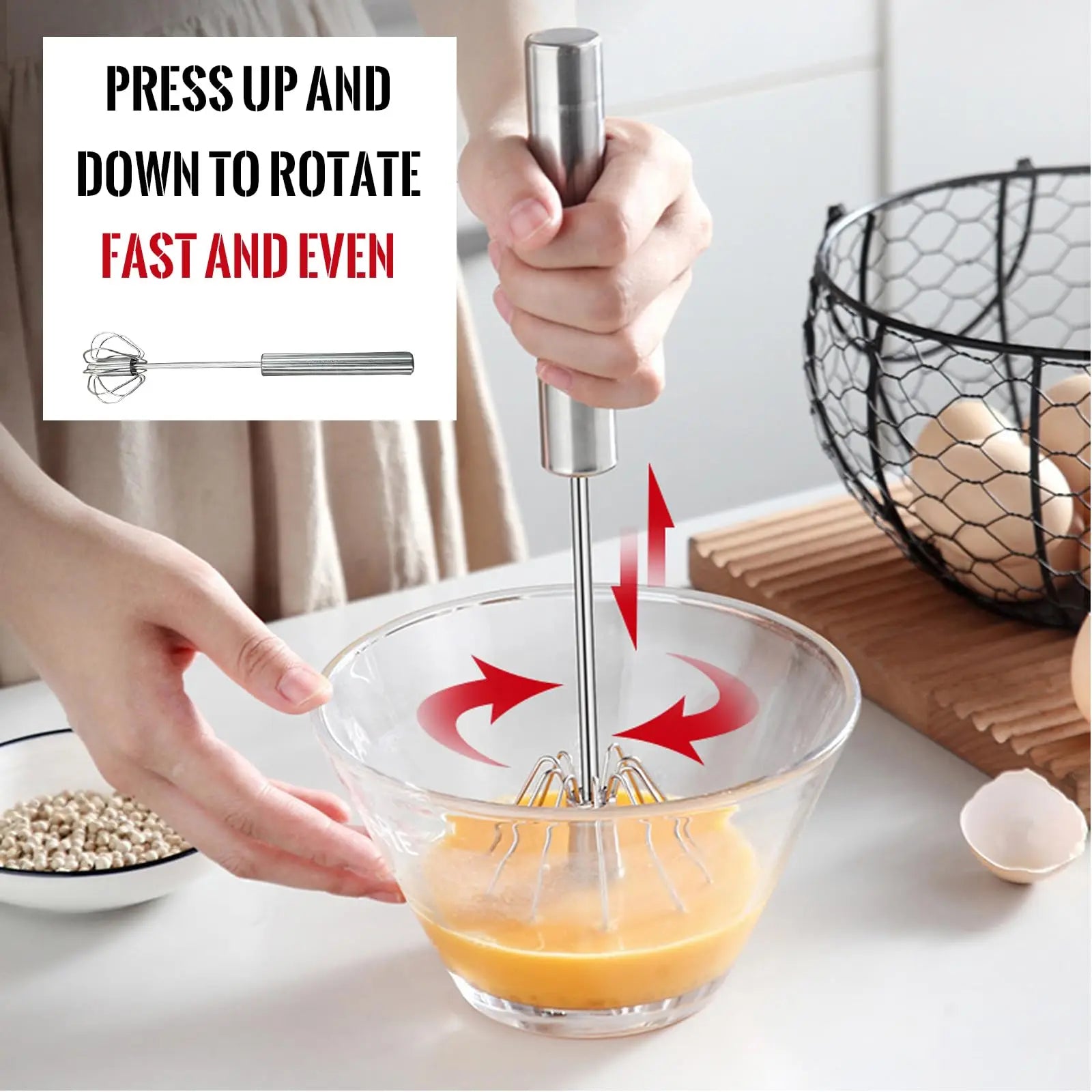 1/3PC Semi Automatic Egg Beater Stainless Steel Semi-Automatic Mixer for Effortless Egg Cream Mixing Stirring Kitchen Tool